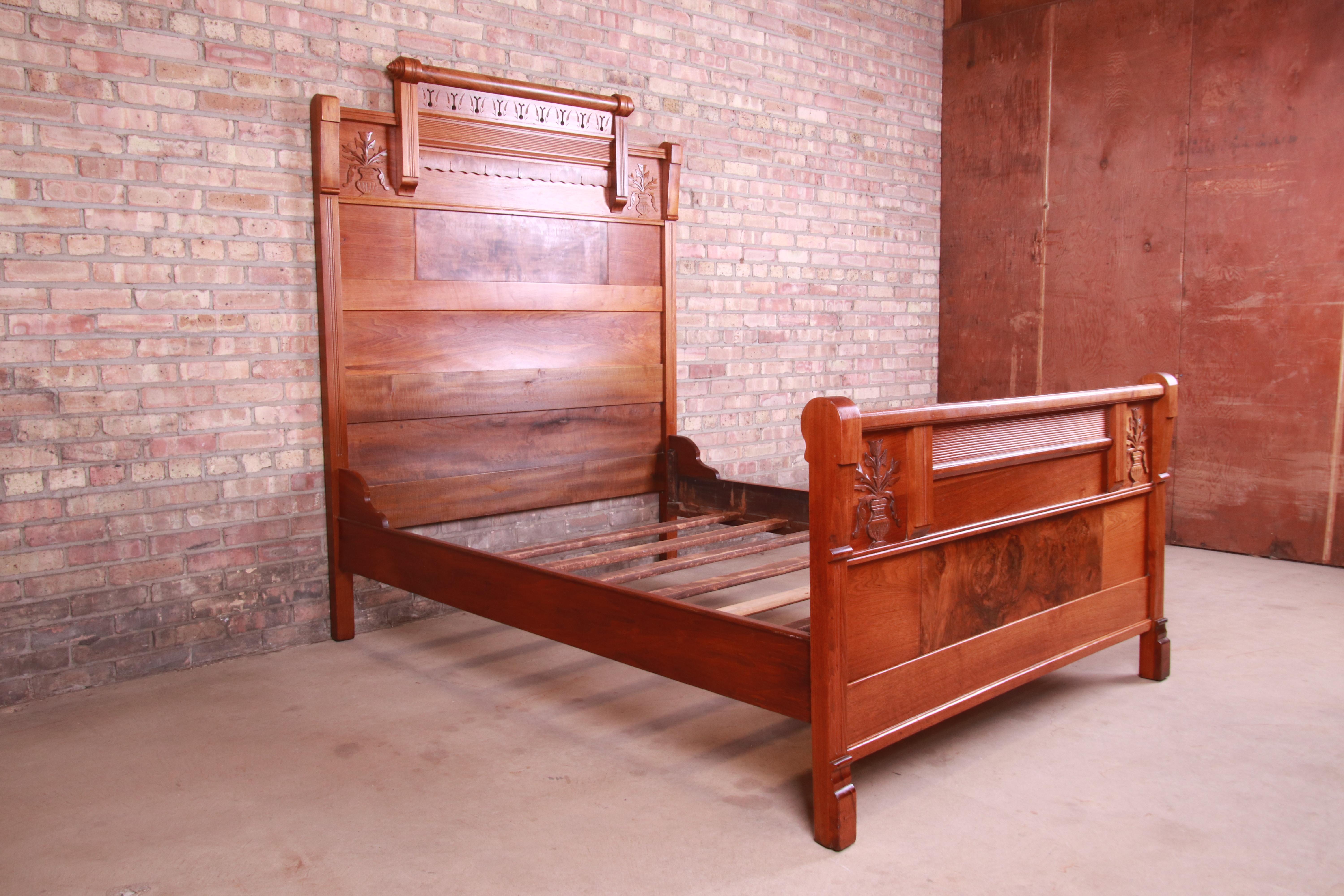 Antique Eastlake Victorian Carved Walnut and Burl Wood Full Size Bed, 1880s In Good Condition In South Bend, IN