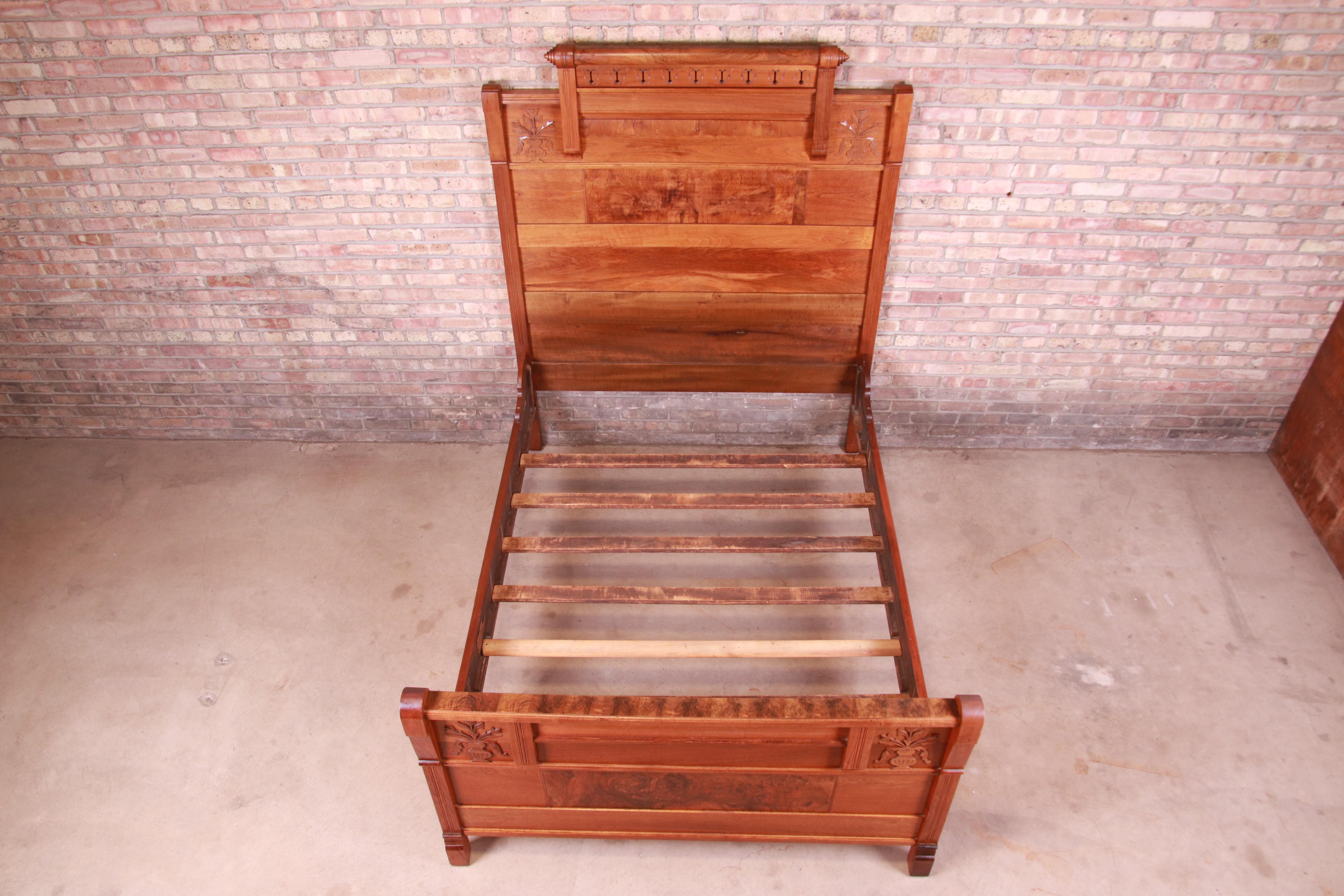 19th Century Antique Eastlake Victorian Carved Walnut and Burl Wood Full Size Bed, 1880s