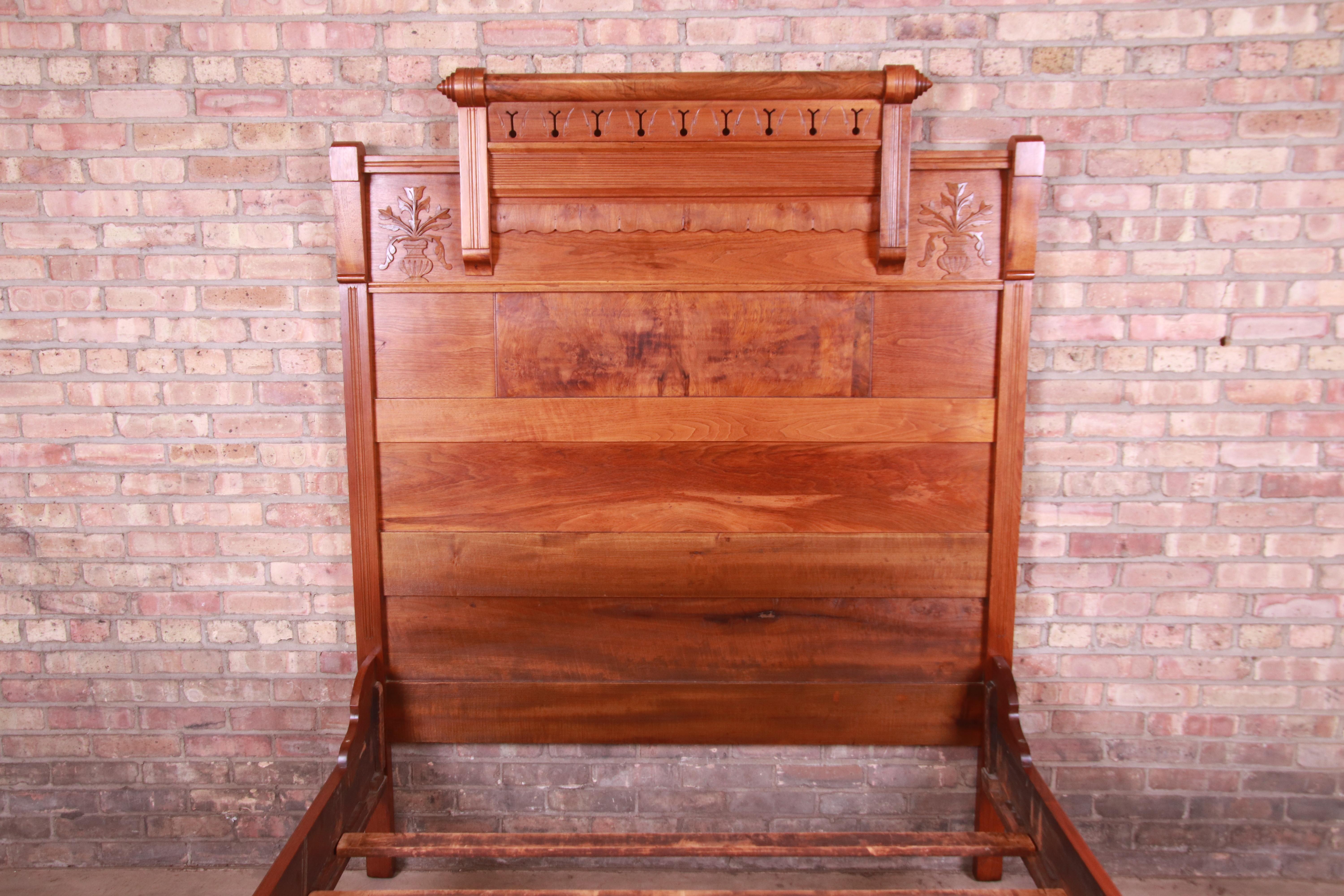 Antique Eastlake Victorian Carved Walnut and Burl Wood Full Size Bed, 1880s 1