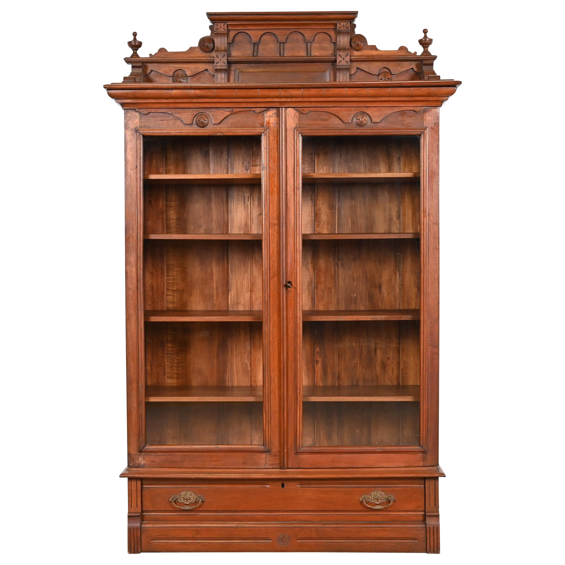 Antique Eastlake Victorian Carved Walnut Bookcase, circa 1860s