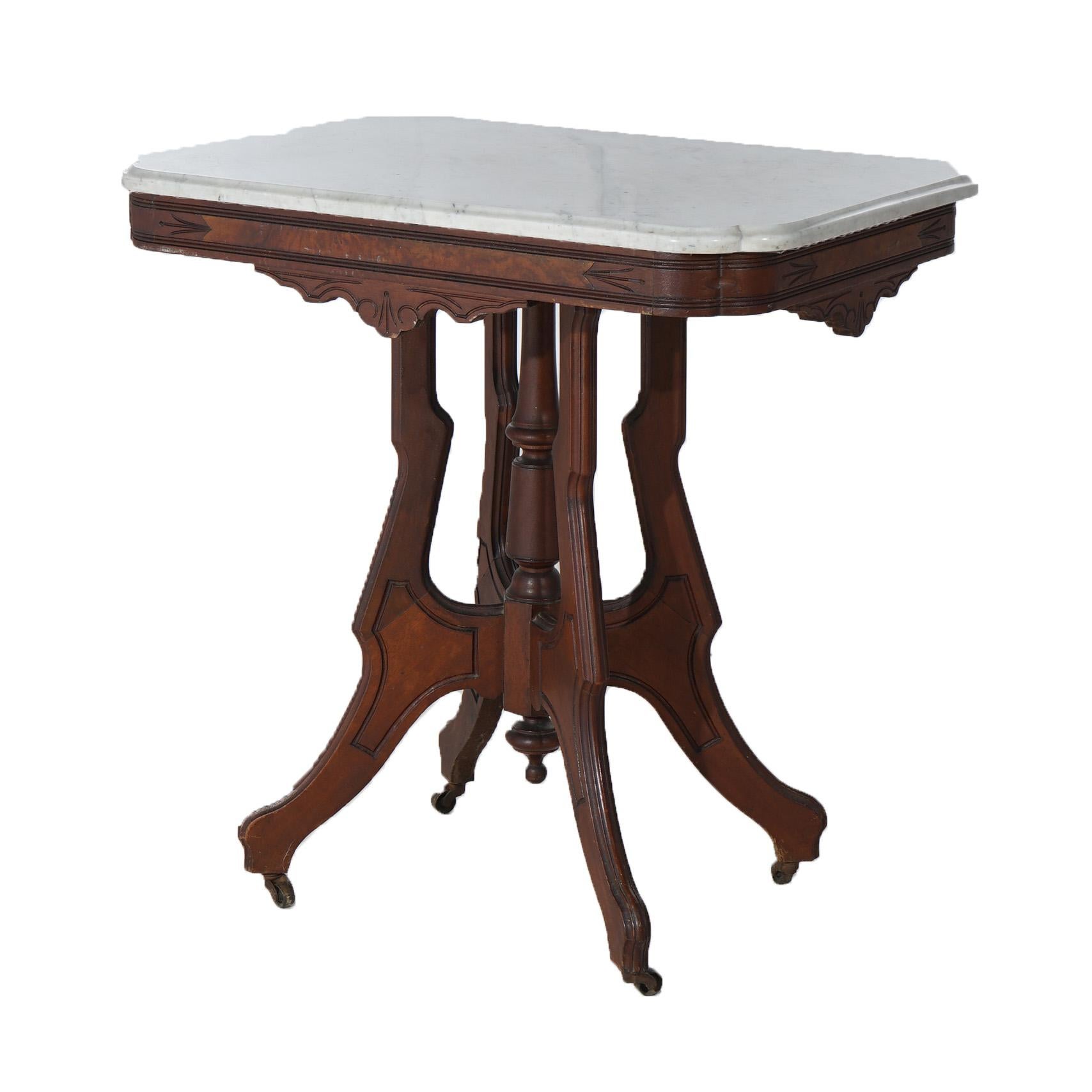 Ancienne table de salon victorienne Eastlake en noyer sculpté, loupe et marbre C1890 en vente 5