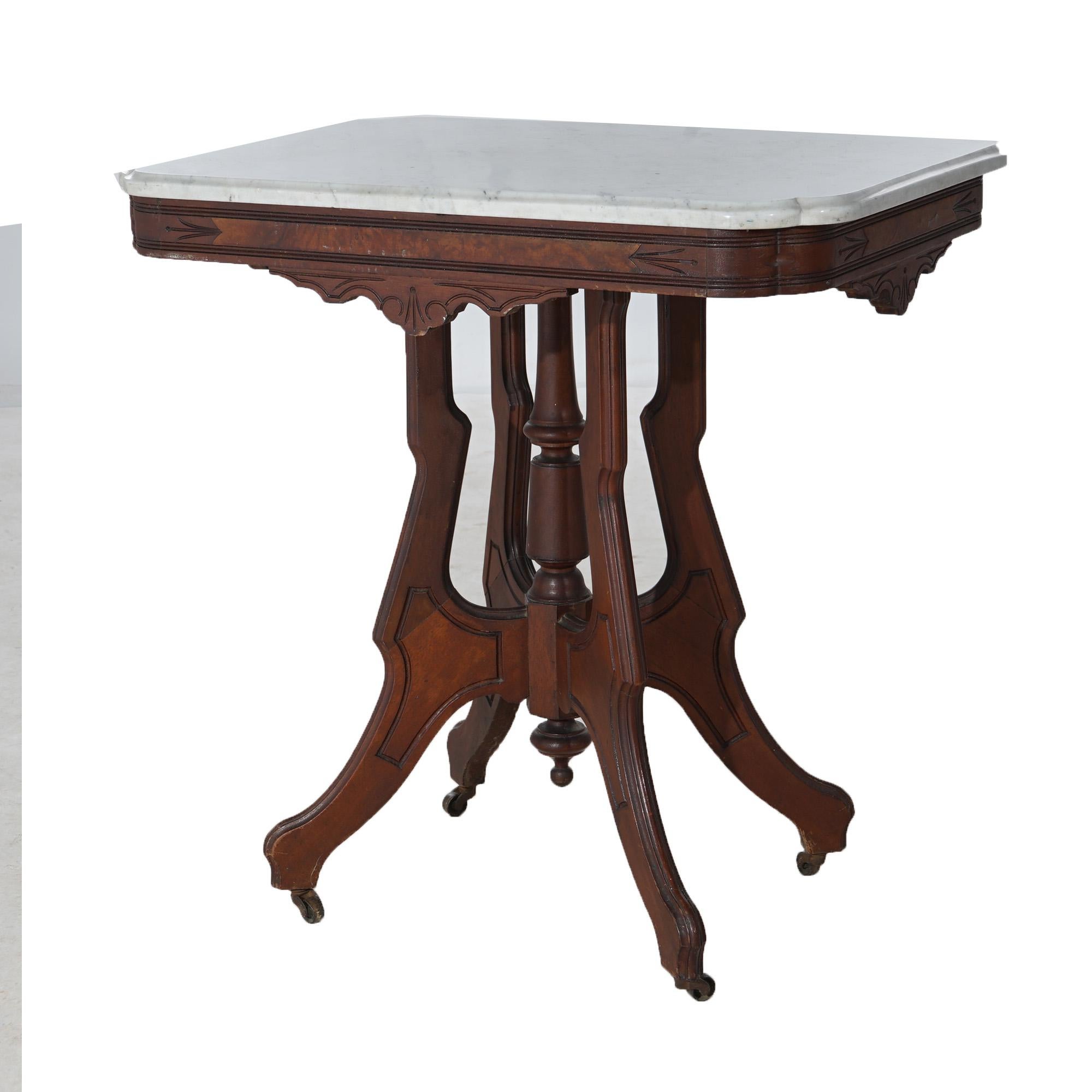 Ancienne table de salon victorienne Eastlake en noyer sculpté, loupe et marbre C1890 en vente 6