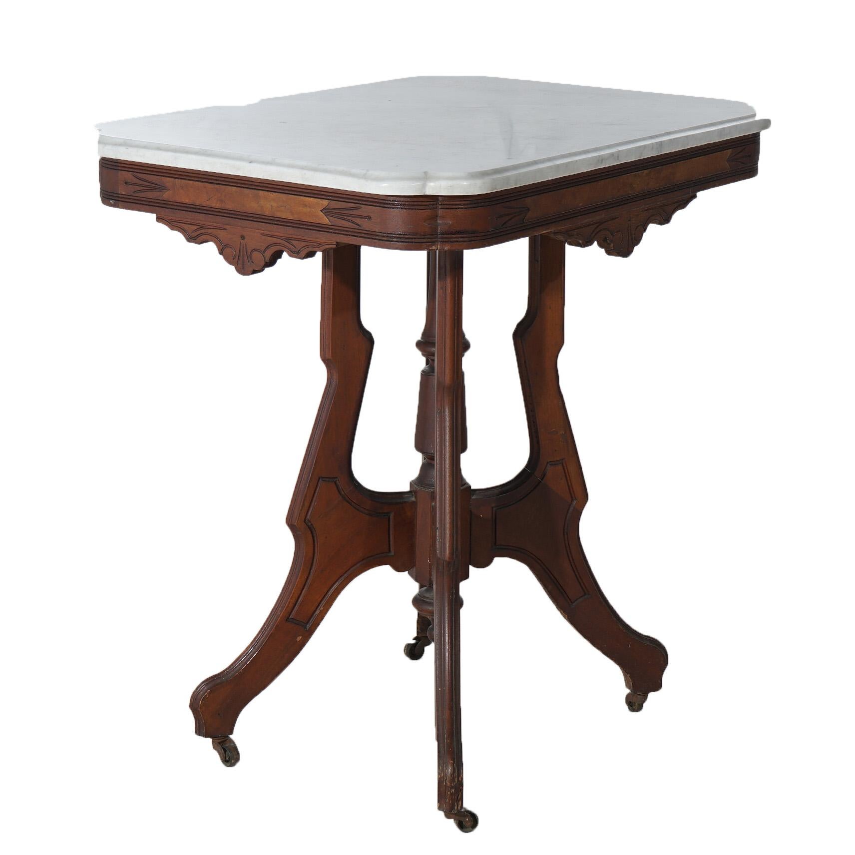 Ancienne table de salon victorienne Eastlake en noyer sculpté, loupe et marbre C1890 en vente 7