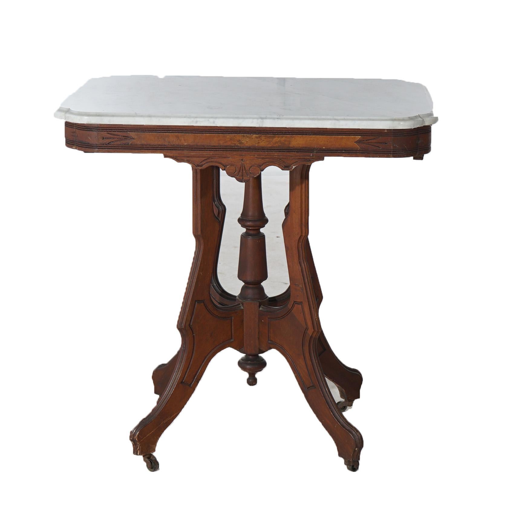 Ancienne table de salon victorienne Eastlake en noyer sculpté, loupe et marbre C1890 en vente 8