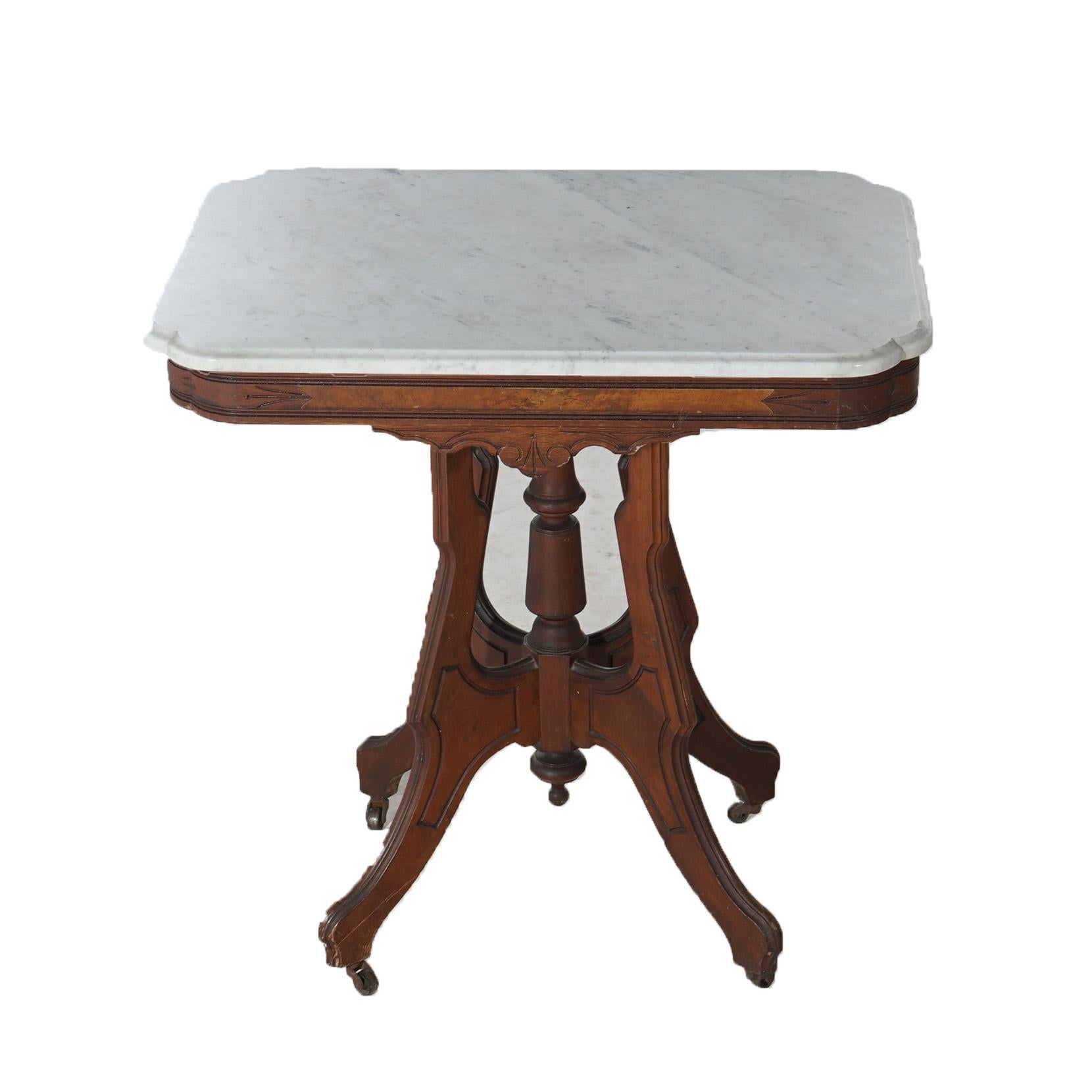 Ancienne table de salon victorienne Eastlake en noyer sculpté, loupe et marbre C1890 en vente 9