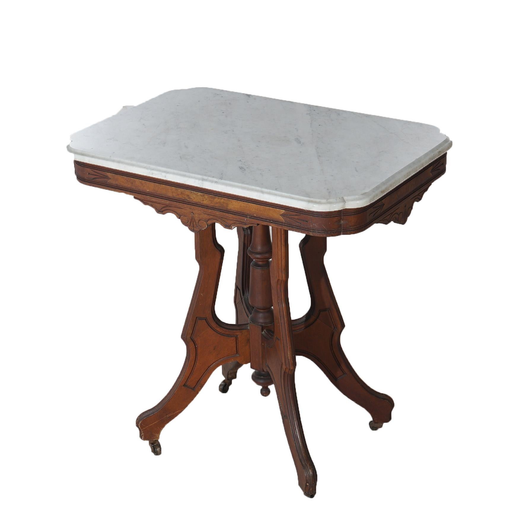 Ancienne table de salon victorienne Eastlake en noyer sculpté, loupe et marbre C1890 en vente 10