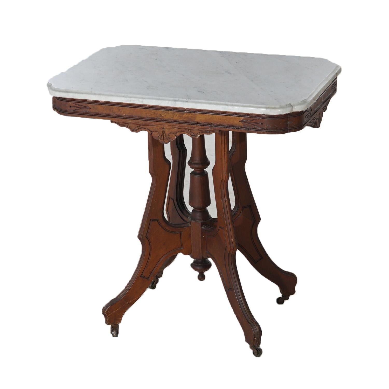 Antique Eastlake Victorian Carved Walnut, Burl & Marble Parlor Table C1890 In Good Condition For Sale In Big Flats, NY