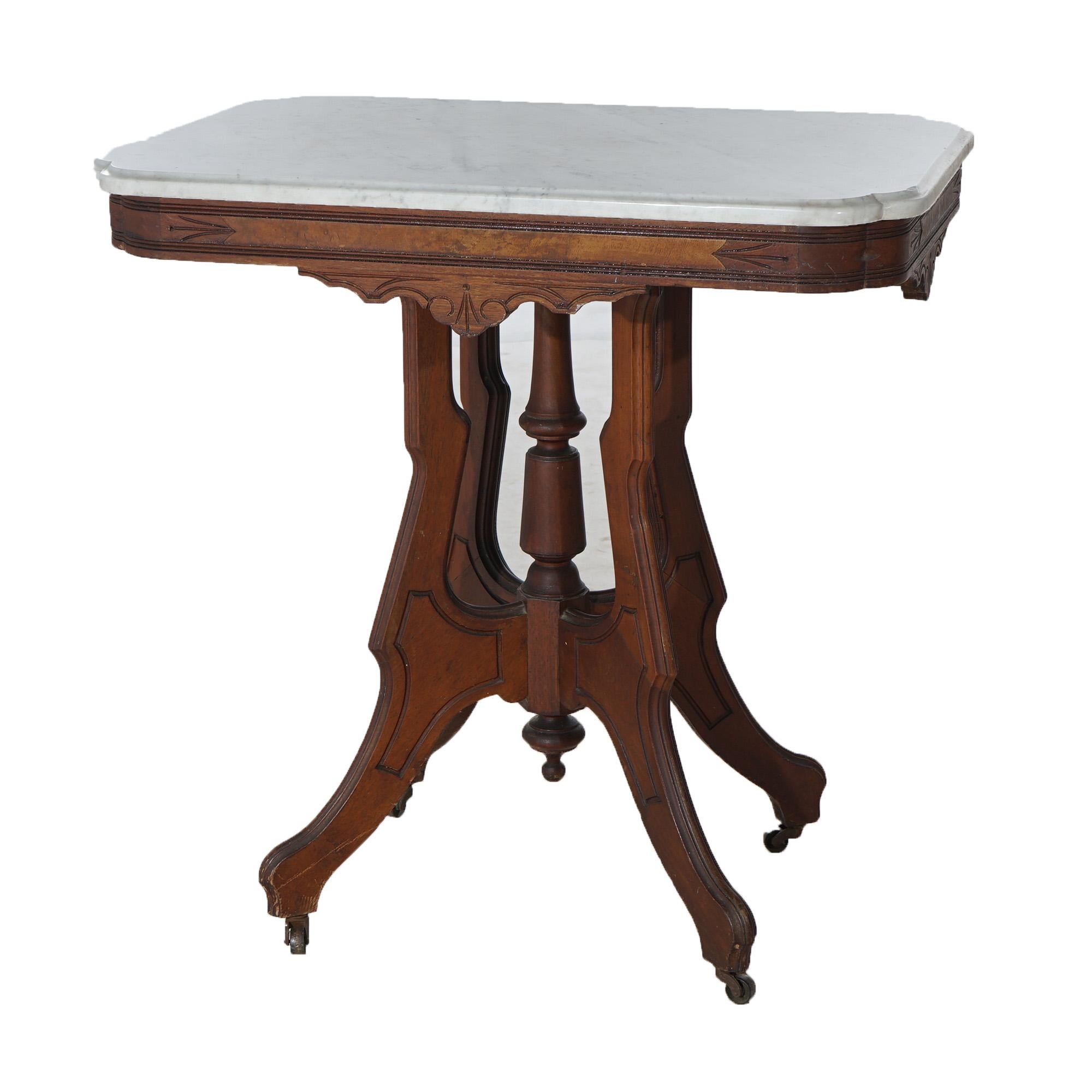 Ancienne table de salon victorienne Eastlake en noyer sculpté, loupe et marbre C1890 en vente 1