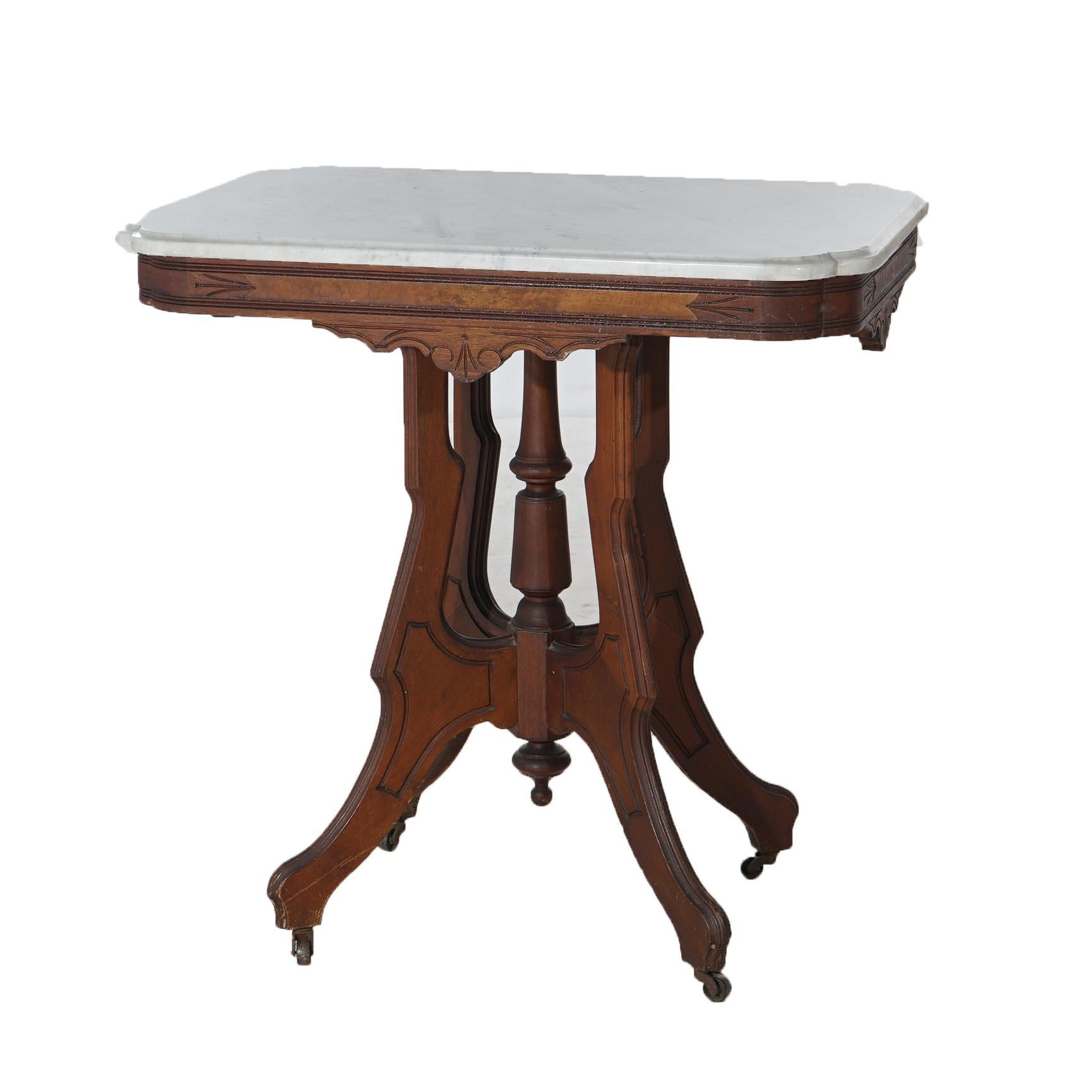 Ancienne table de salon victorienne Eastlake en noyer sculpté, loupe et marbre C1890 en vente 2