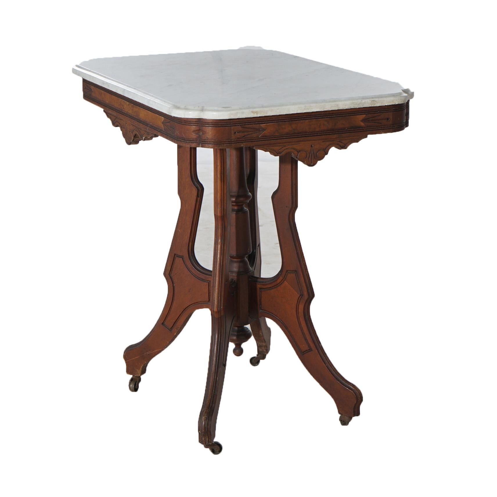 Ancienne table de salon victorienne Eastlake en noyer sculpté, loupe et marbre C1890 en vente 3