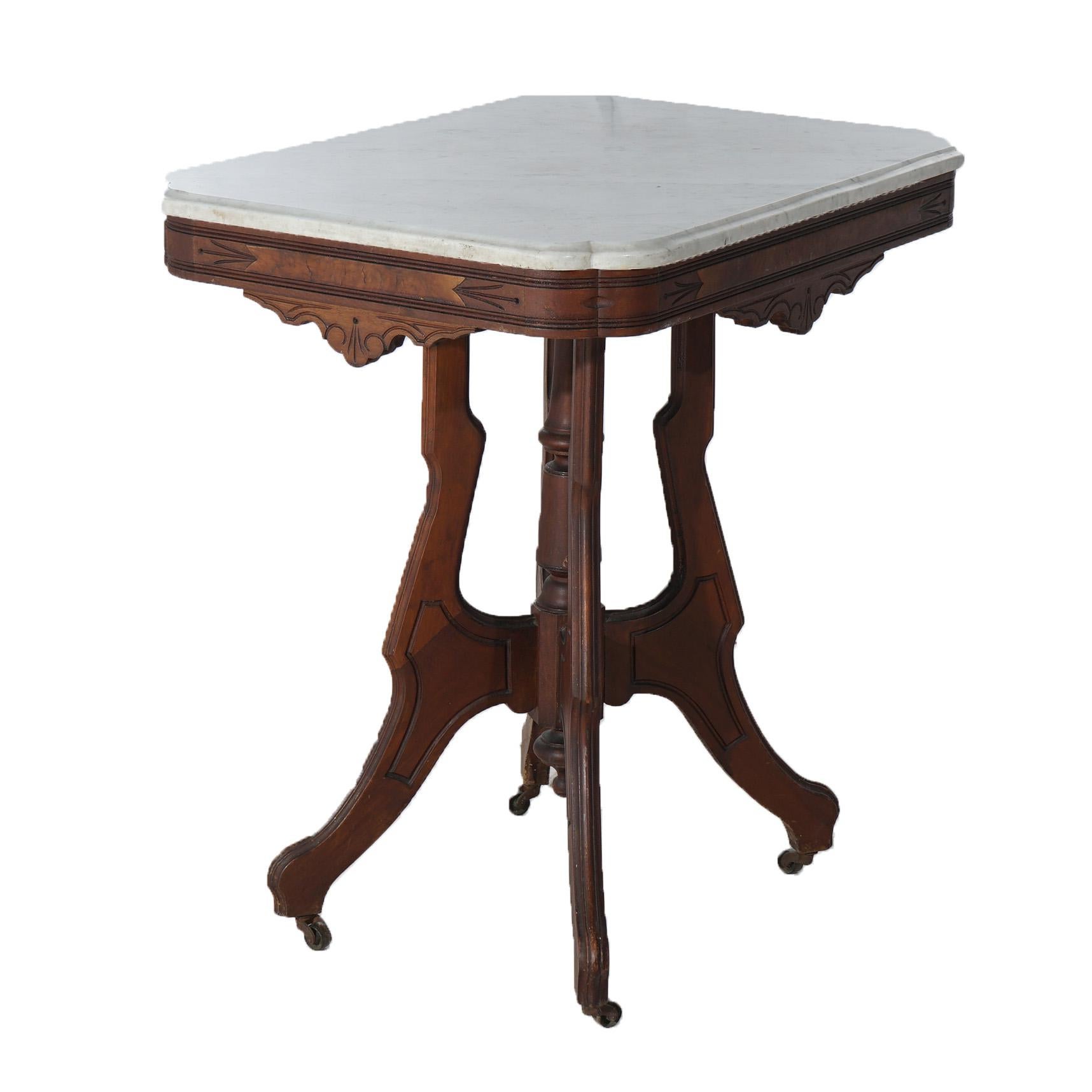 Ancienne table de salon victorienne Eastlake en noyer sculpté, loupe et marbre C1890 en vente 4