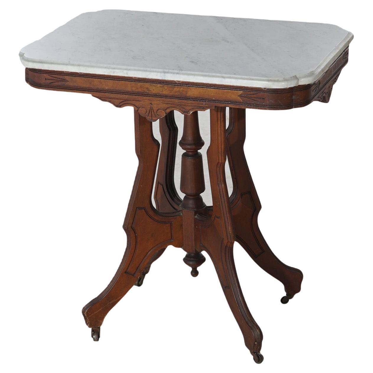 Ancienne table de salon victorienne Eastlake en noyer sculpté, loupe et marbre C1890