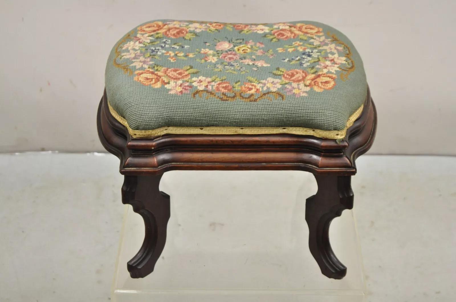Antique Eastlake Victorian Carved Walnut Floral Needlepoint Footstool Ottoman For Sale 5