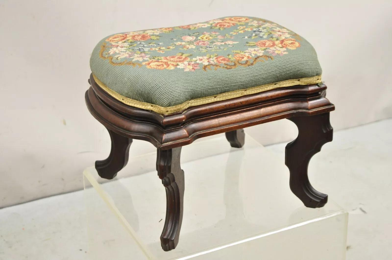 Antique Eastlake Victorian Carved Walnut Floral Needlepoint Footstool Ottoman For Sale 6