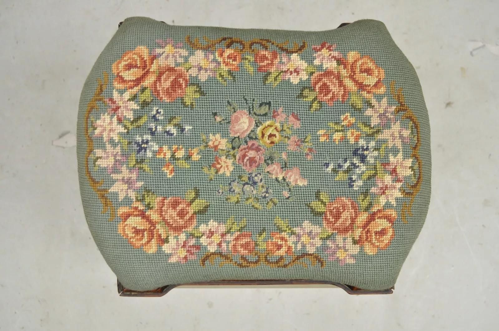 Unknown Antique Eastlake Victorian Carved Walnut Floral Needlepoint Footstool Ottoman For Sale