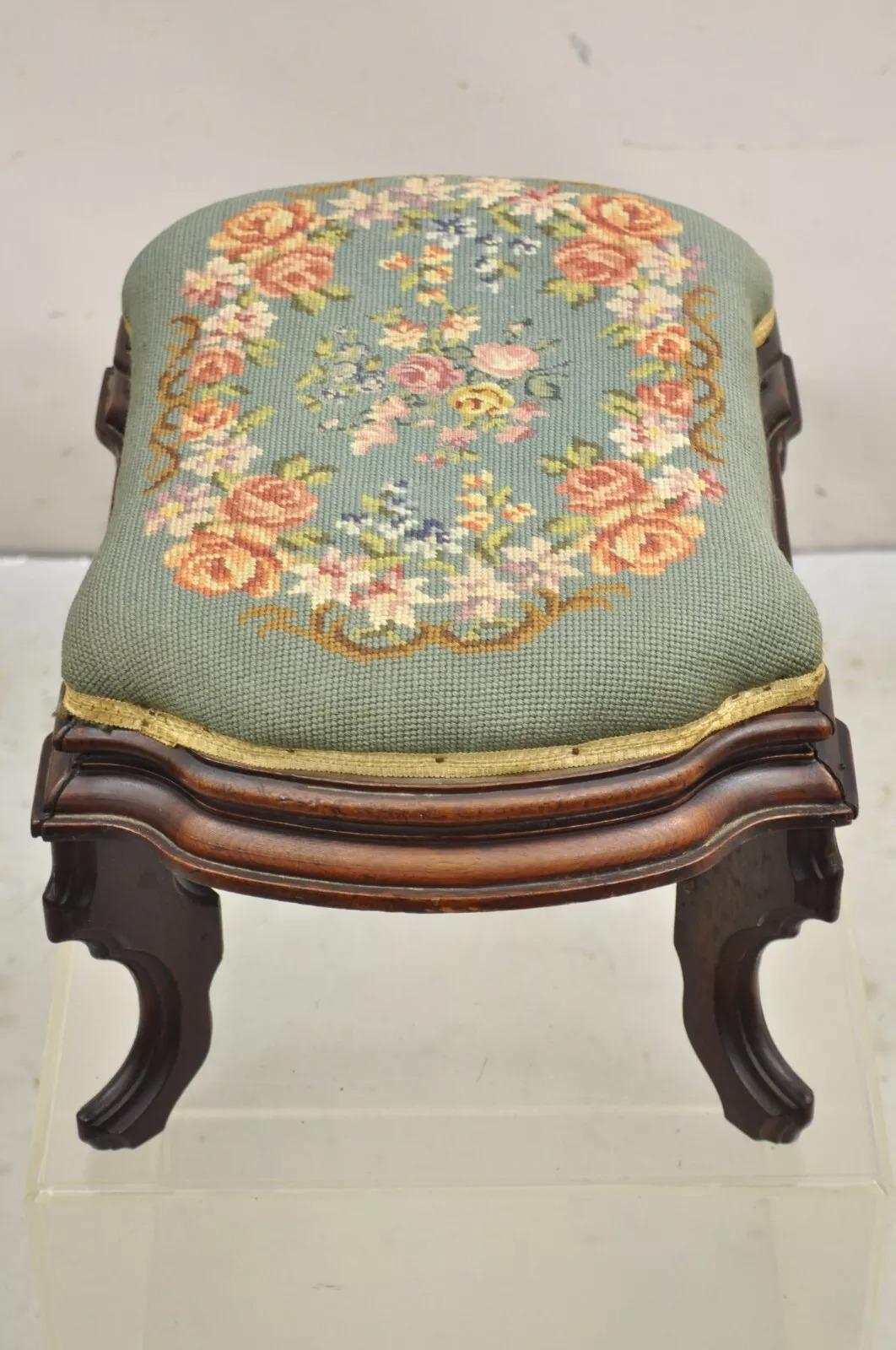 Antique Eastlake Victorian Carved Walnut Floral Needlepoint Footstool Ottoman In Good Condition For Sale In Philadelphia, PA