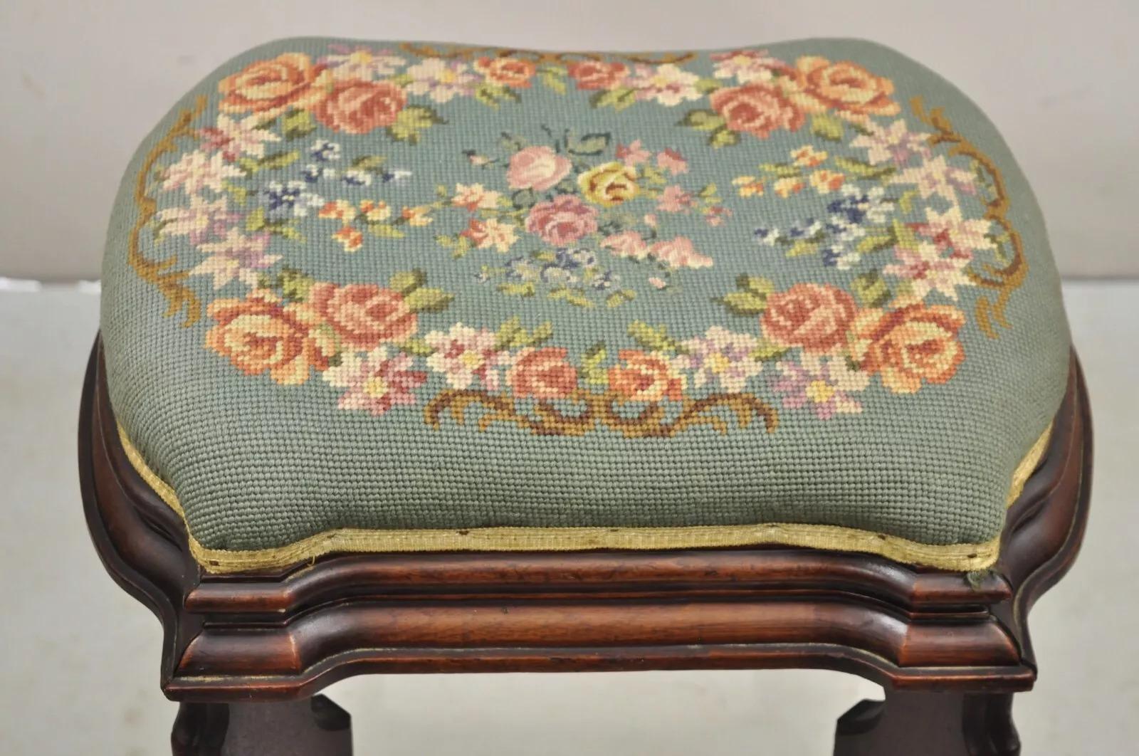 Antique Eastlake Victorian Carved Walnut Floral Needlepoint Footstool Ottoman For Sale 1