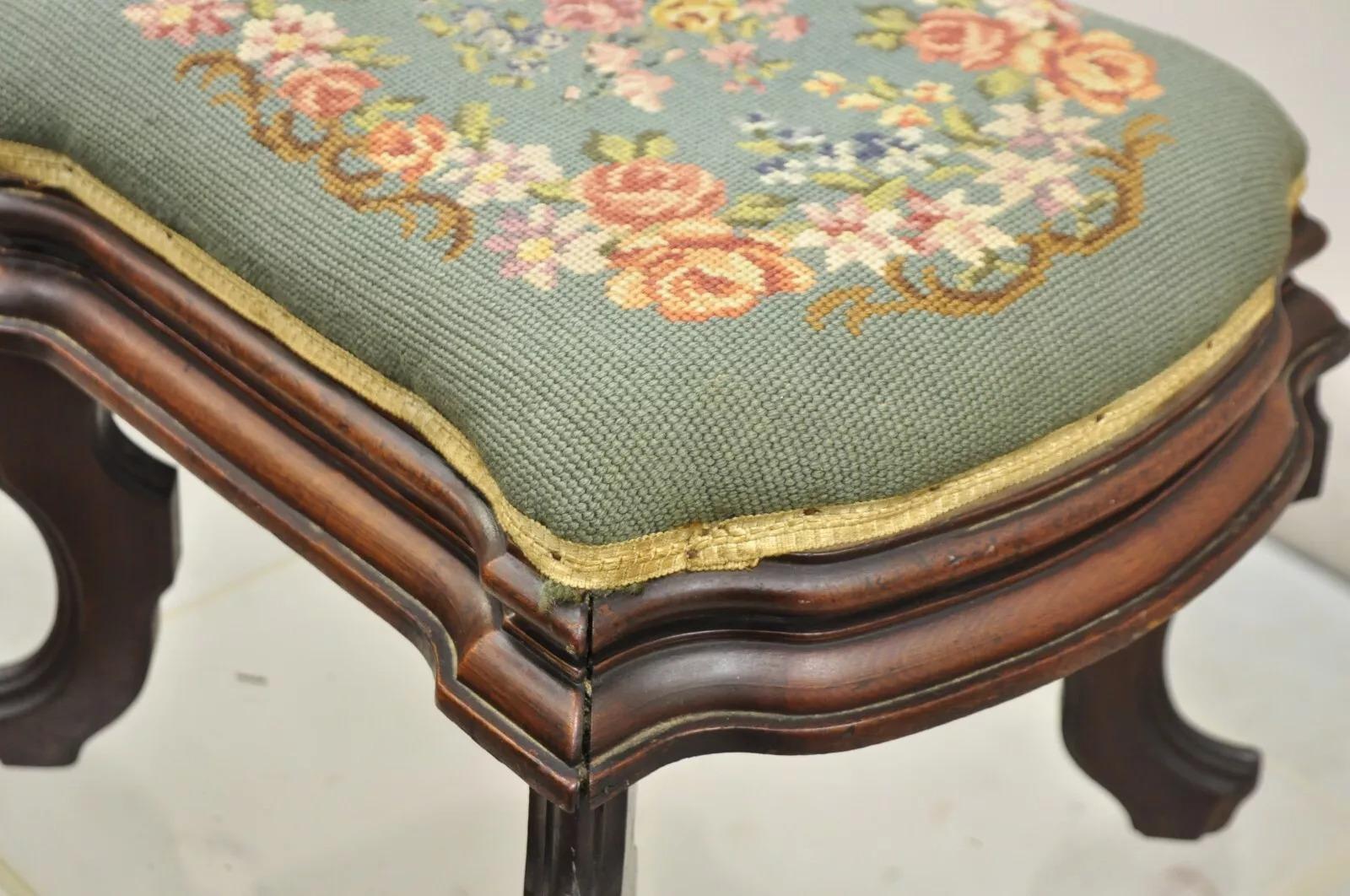 Antique Eastlake Victorian Carved Walnut Floral Needlepoint Footstool Ottoman For Sale 2