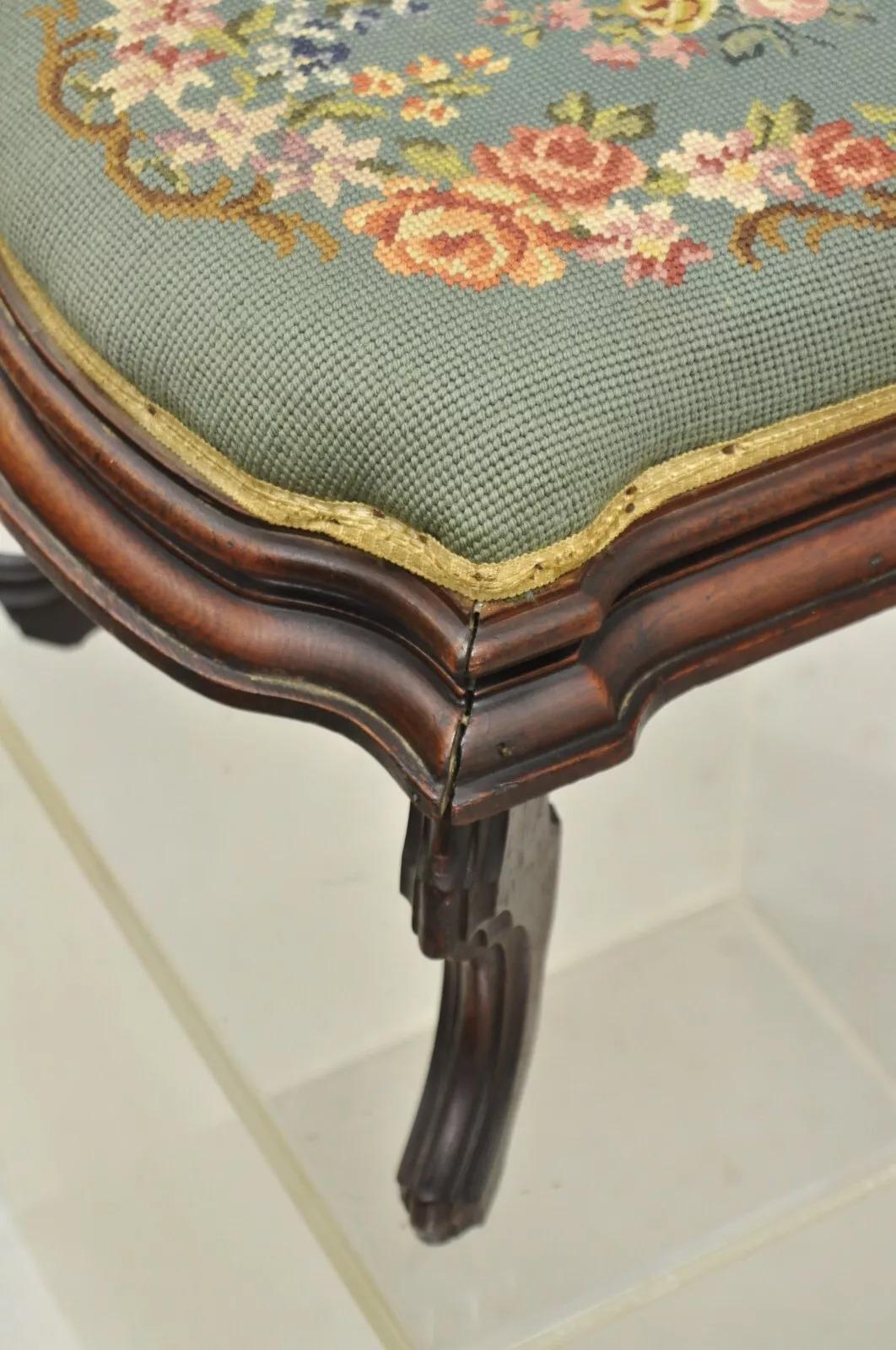 Antique Eastlake Victorian Carved Walnut Floral Needlepoint Footstool Ottoman For Sale 3