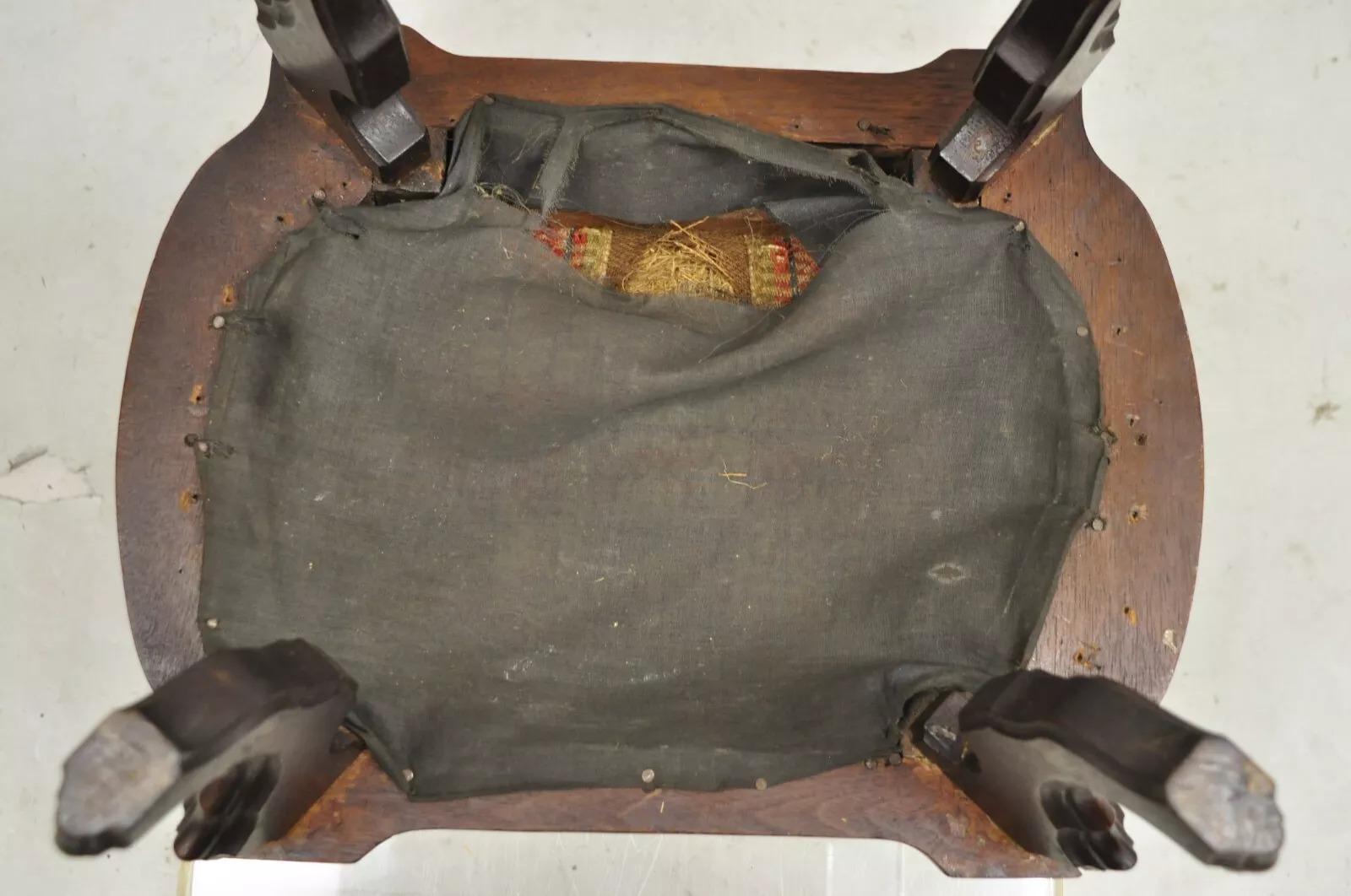 Antique Eastlake Victorian Carved Walnut Floral Needlepoint Footstool Ottoman For Sale 4