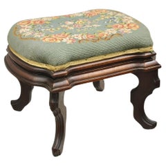 Antique Eastlake Victorian Carved Walnut Floral Needlepoint Footstool Ottoman