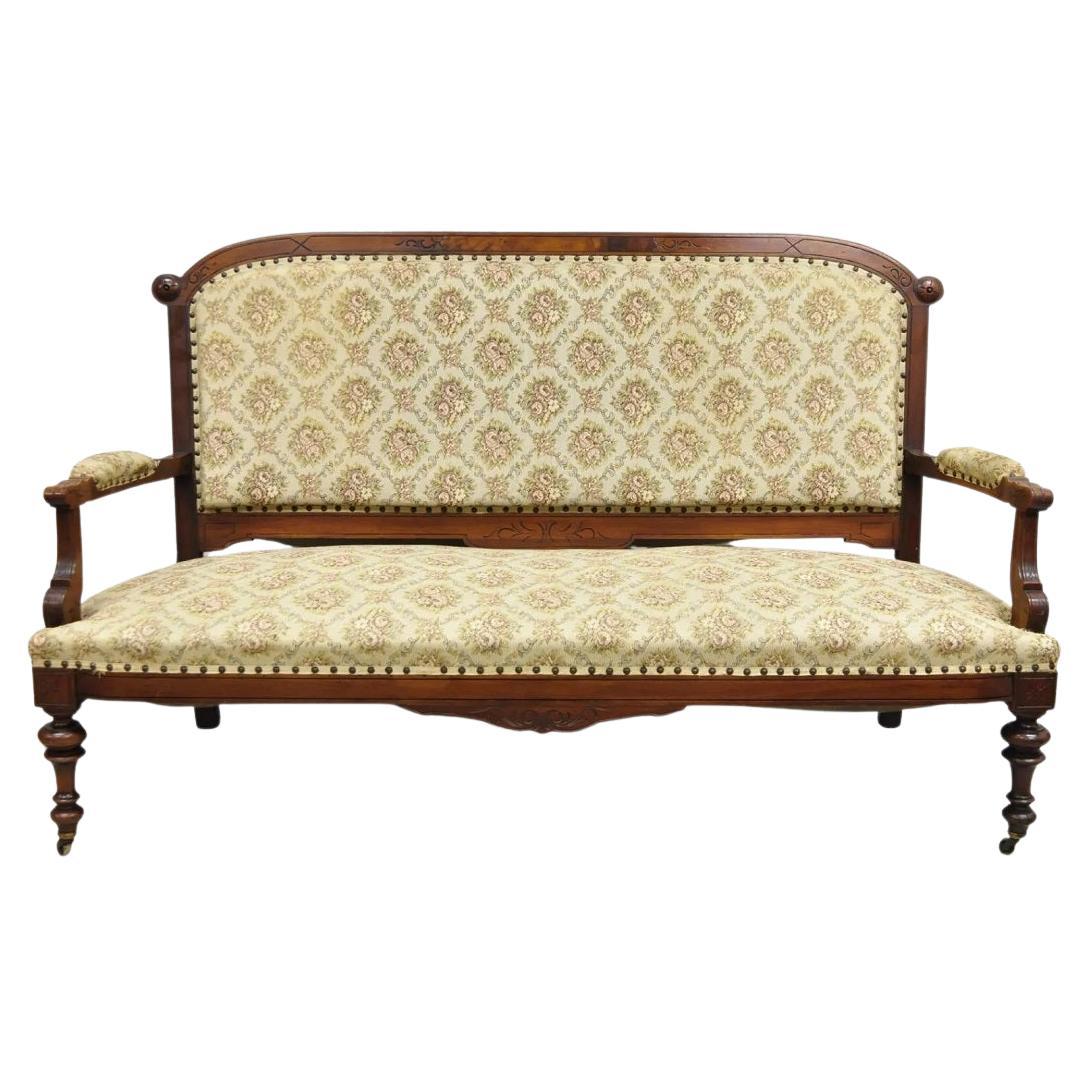 Antique Eastlake Victorian Carved Walnut Floral Upholstered Parlor Sofa Loveseat