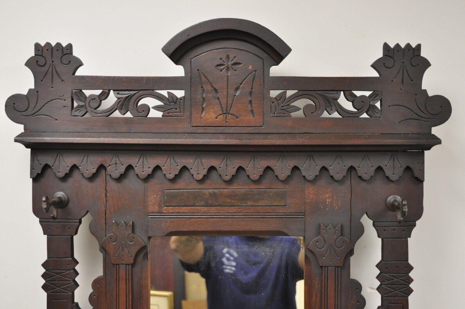 Antique Eastlake Victorian Carved Walnut Hall Tree Coat Stand In Good Condition In Philadelphia, PA