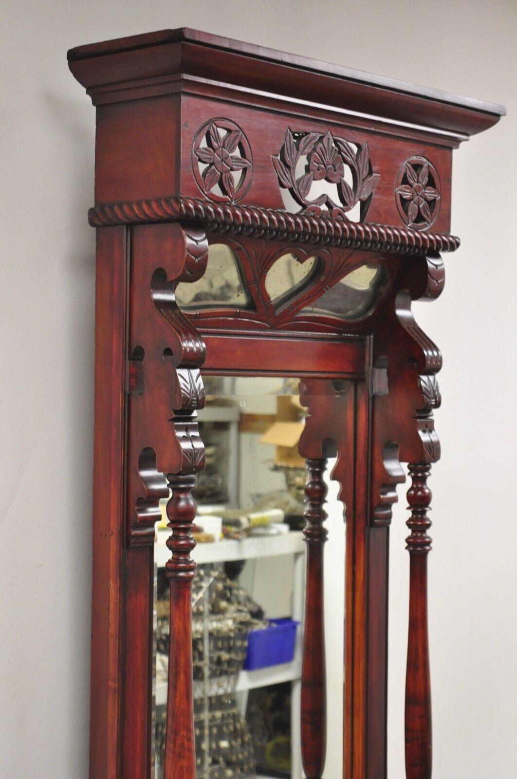19th Century Antique Eastlake Victorian Carved Walnut & Marble Tall Pier Mirror Hall Tree For Sale