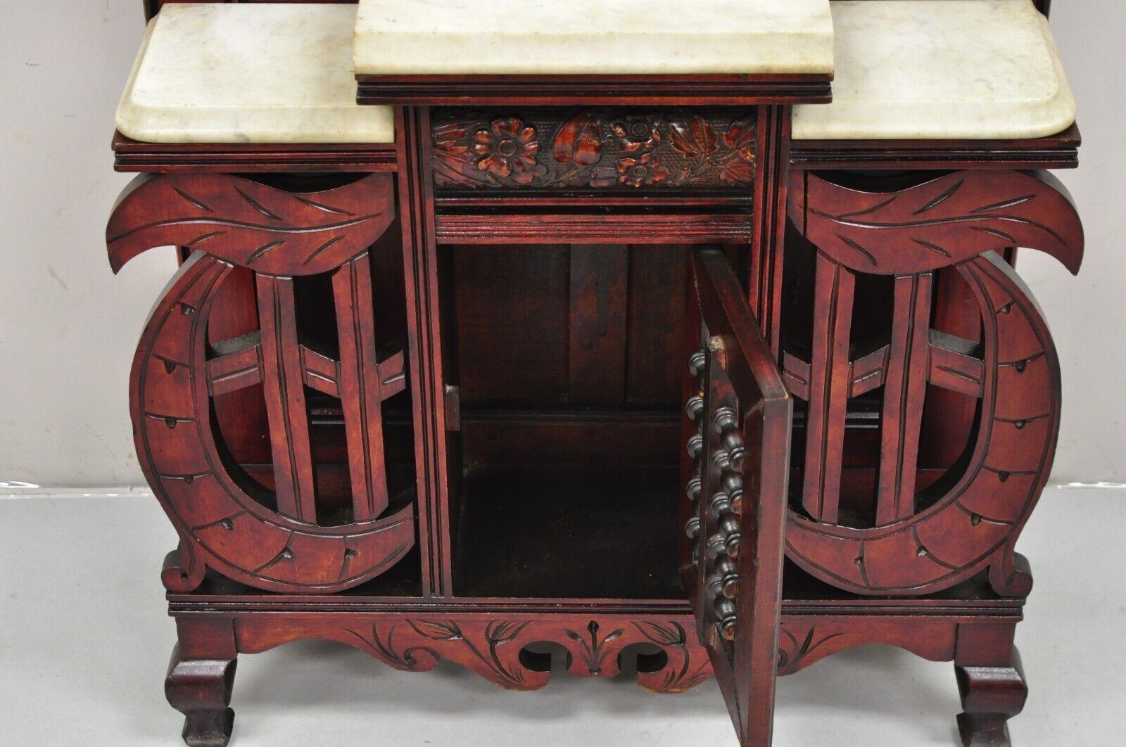 Antique Eastlake Victorian Carved Walnut & Marble Tall Pier Mirror Hall Tree 2