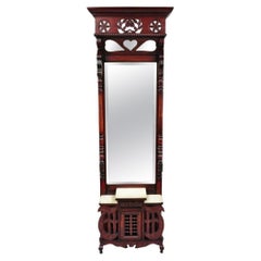 Antique Eastlake Victorian Carved Walnut & Marble Tall Pier Mirror Hall Tree