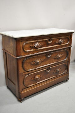 Antique Eastlake Victorian Carved Walnut Marble Top Dresser Chest Washstand