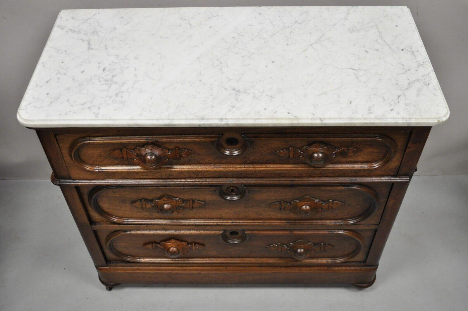 Antique Eastlake Victorian Carved Walnut Marble Top Dresser Chest Washstand In Good Condition In Philadelphia, PA