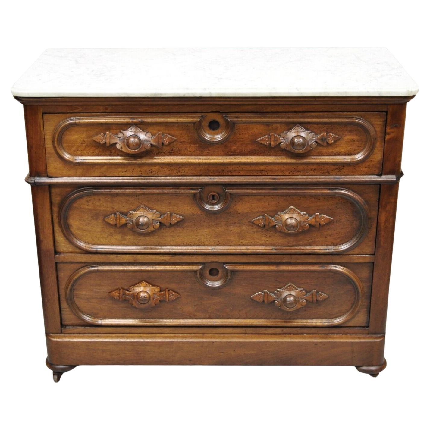 Antique Eastlake Victorian Carved Walnut Marble Top Dresser Chest Washstand