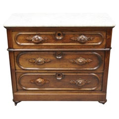 Antique Eastlake Victorian Carved Walnut Marble Top Dresser Chest Washstand