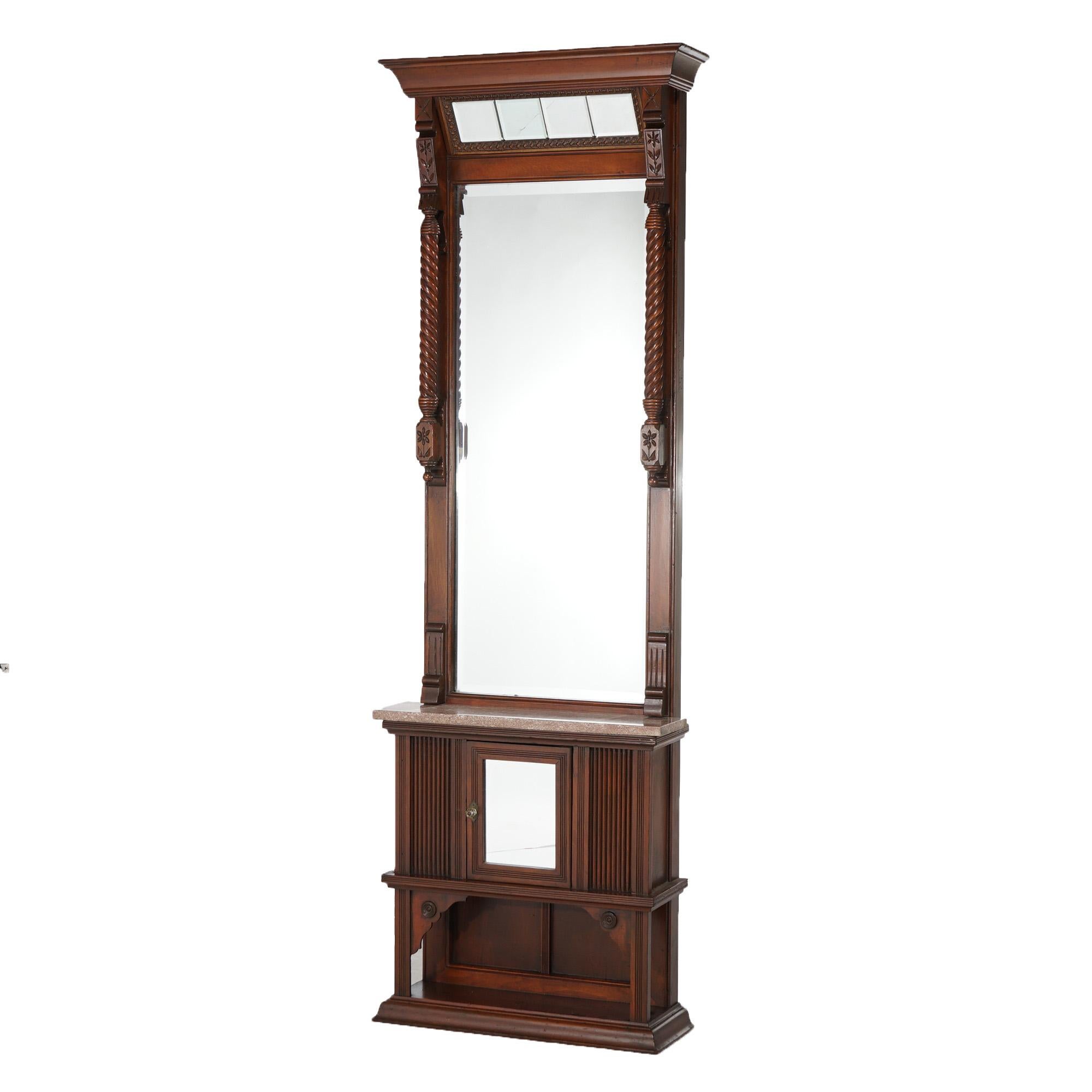 ***Inquire About Reduced In-House Delivery Rates - Reliable Professional Service & Fully Insured***

Antique Eastlake Victorian Carved Walnut & Marble Top Pier Mirror with Incised Floral Decoration, Rope Twist Columns & Lower Cabinet,
