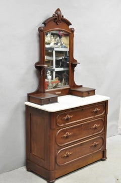 Antique Eastlake Victorian Carved Walnut Marble Top Washstand Dresser w/ Mirror