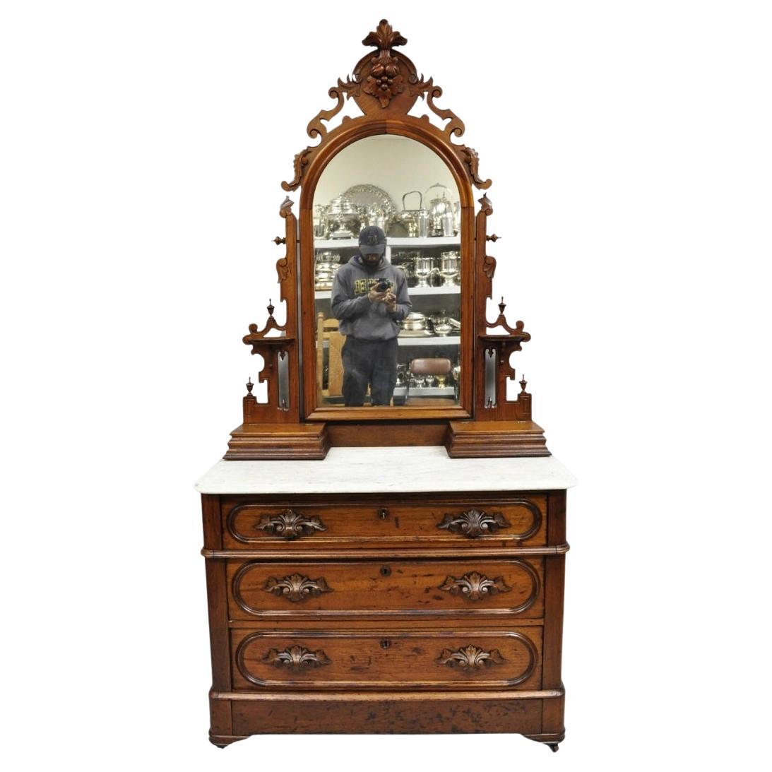 Antique Eastlake Victorian Carved Walnut Marble Top Washstand Dresser w/ Mirror