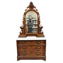 Antique Eastlake Victorian Carved Walnut Marble Top Washstand Dresser w/ Mirror