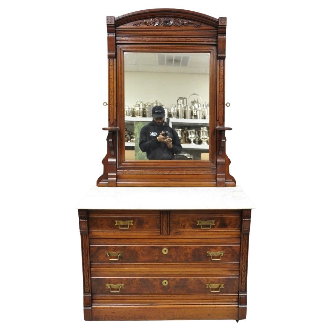 Antique Eastlake Victorian Carved Walnut Marble Top Washstand Dresser w/ Mirror