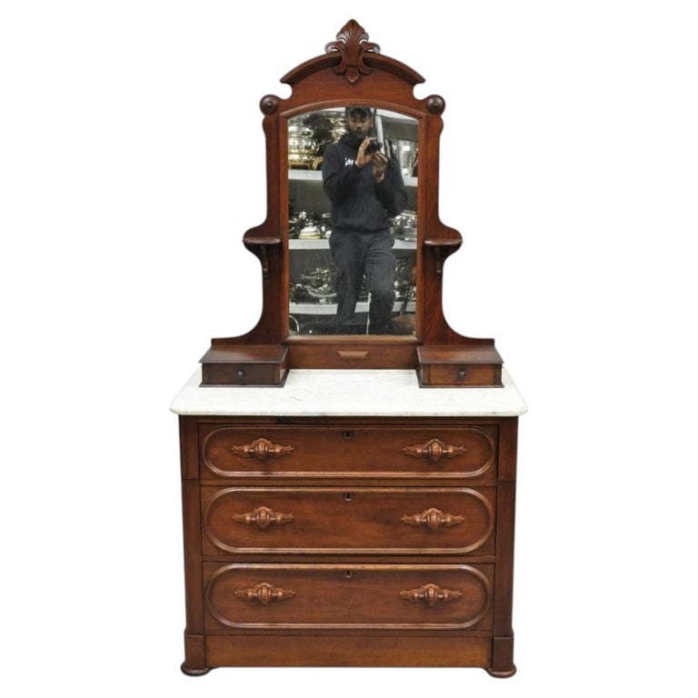 Antique Eastlake Victorian Carved Walnut Marble Top Washstand Dresser w/ Mirror For Sale at 1stDibs Antique Eastlake Victorian Carved Walnut Marble Top Washstand Dresser w/ Mirror For Sale at 1stDibs
