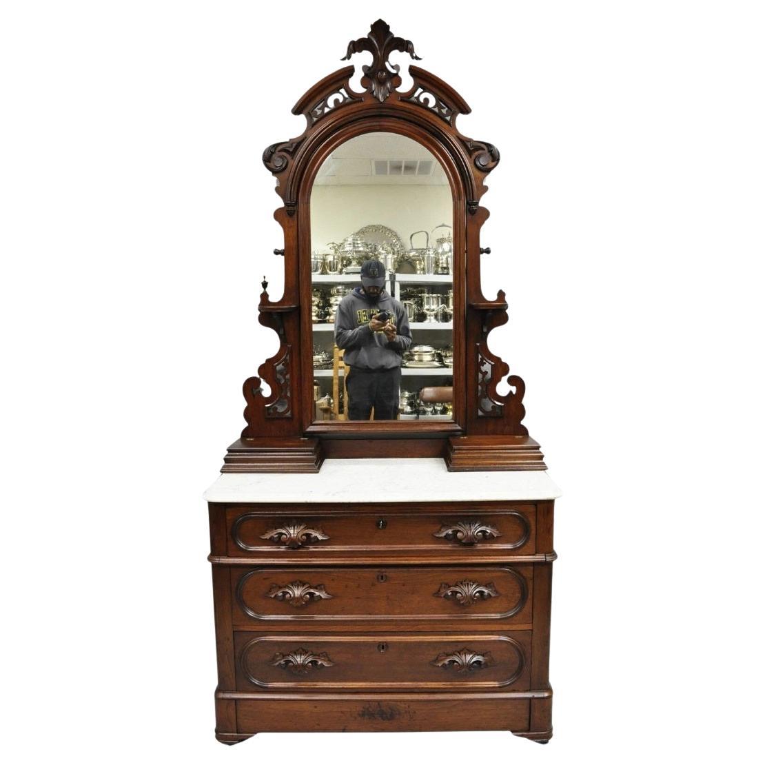 Antique Eastlake Victorian Carved Walnut Marble Washstand Dresser with Mirror