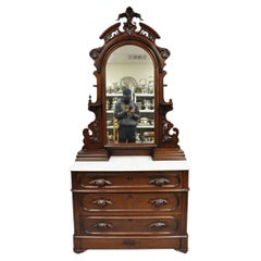 Antique Eastlake Victorian Carved Walnut Marble Washstand Dresser with Mirror