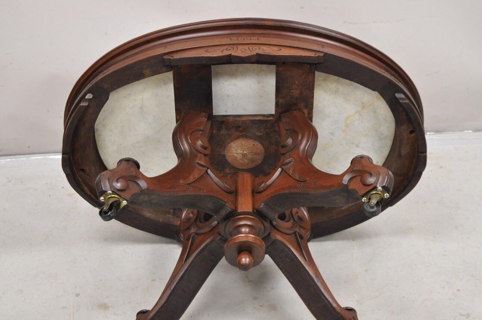 Antique Eastlake Victorian Carved Walnut Oval Marble Top Parlor Coffee Table For Sale 5