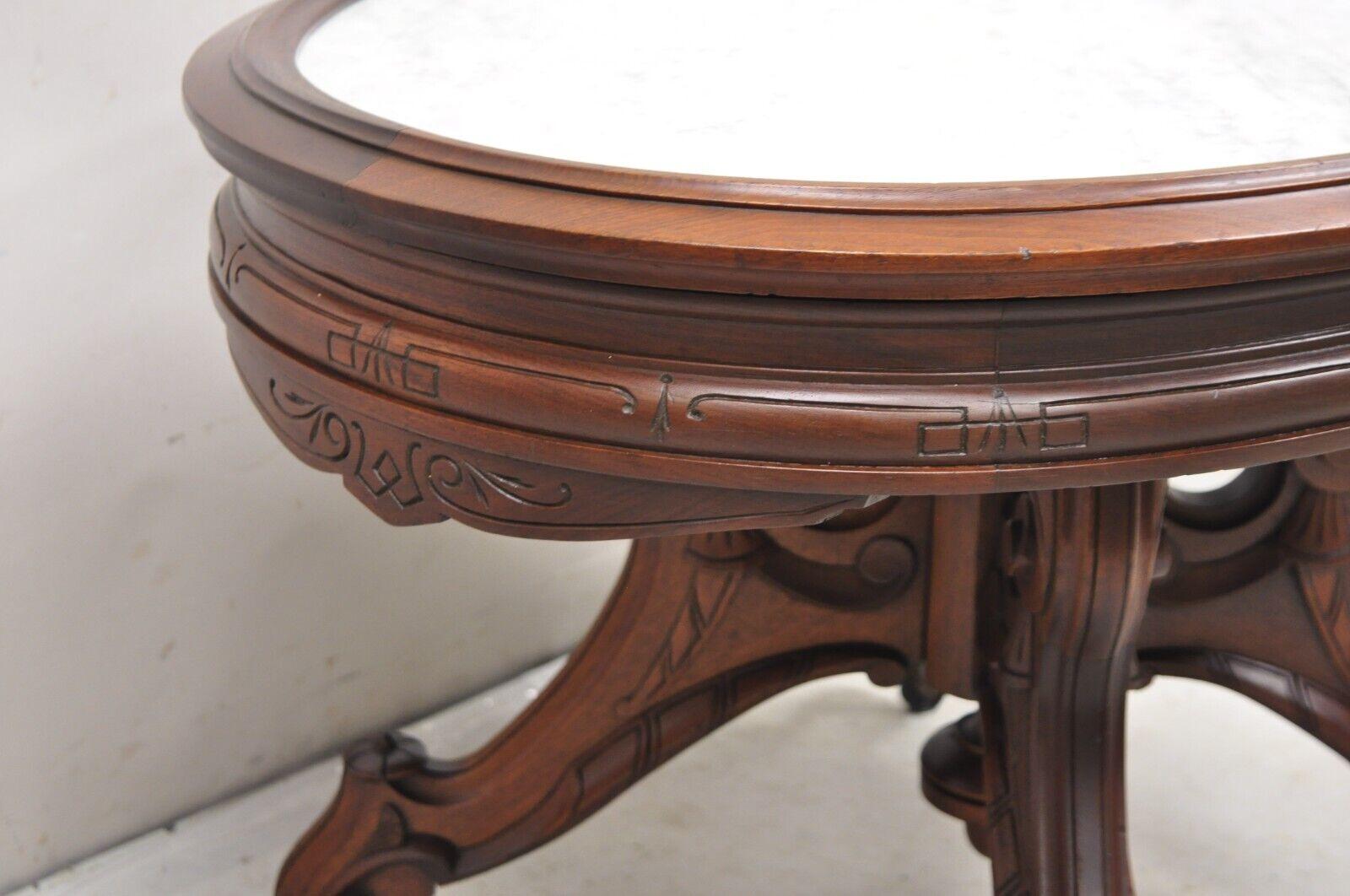 Antique Eastlake Victorian Carved Walnut Oval Marble Top Parlor Coffee Table For Sale 7