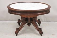 Antique Eastlake Victorian Carved Walnut Oval Marble Top Parlor Coffee Table
