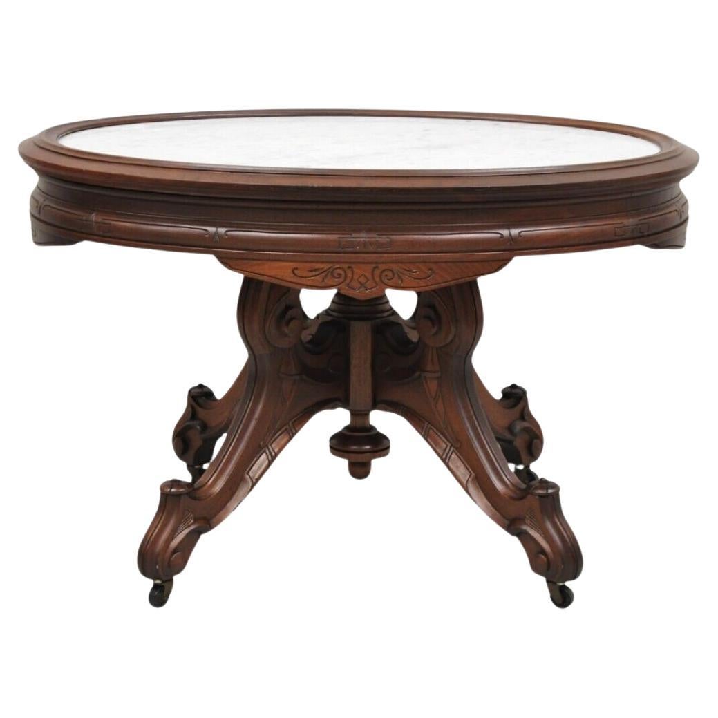Antique Eastlake Victorian Carved Walnut Oval Marble Top Parlor Coffee Table For Sale