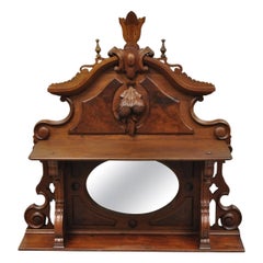 Antique Eastlake Victorian Carved Walnut Oval Mirror Sideboard Backsplash Shelf