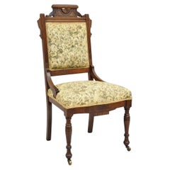 Antique Eastlake Victorian Carved Walnut Parlor Side Chair with Floral Tapestry