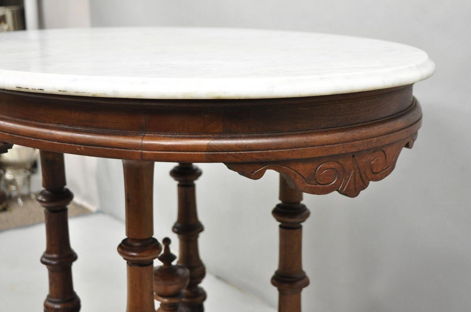 Antique Eastlake Victorian Carved Walnut Pedestal Base Marble Top Parlor Table For Sale 6