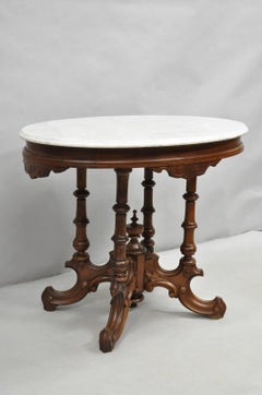 Antique Eastlake Victorian Carved Walnut Pedestal Base Marble Top Parlor Table
